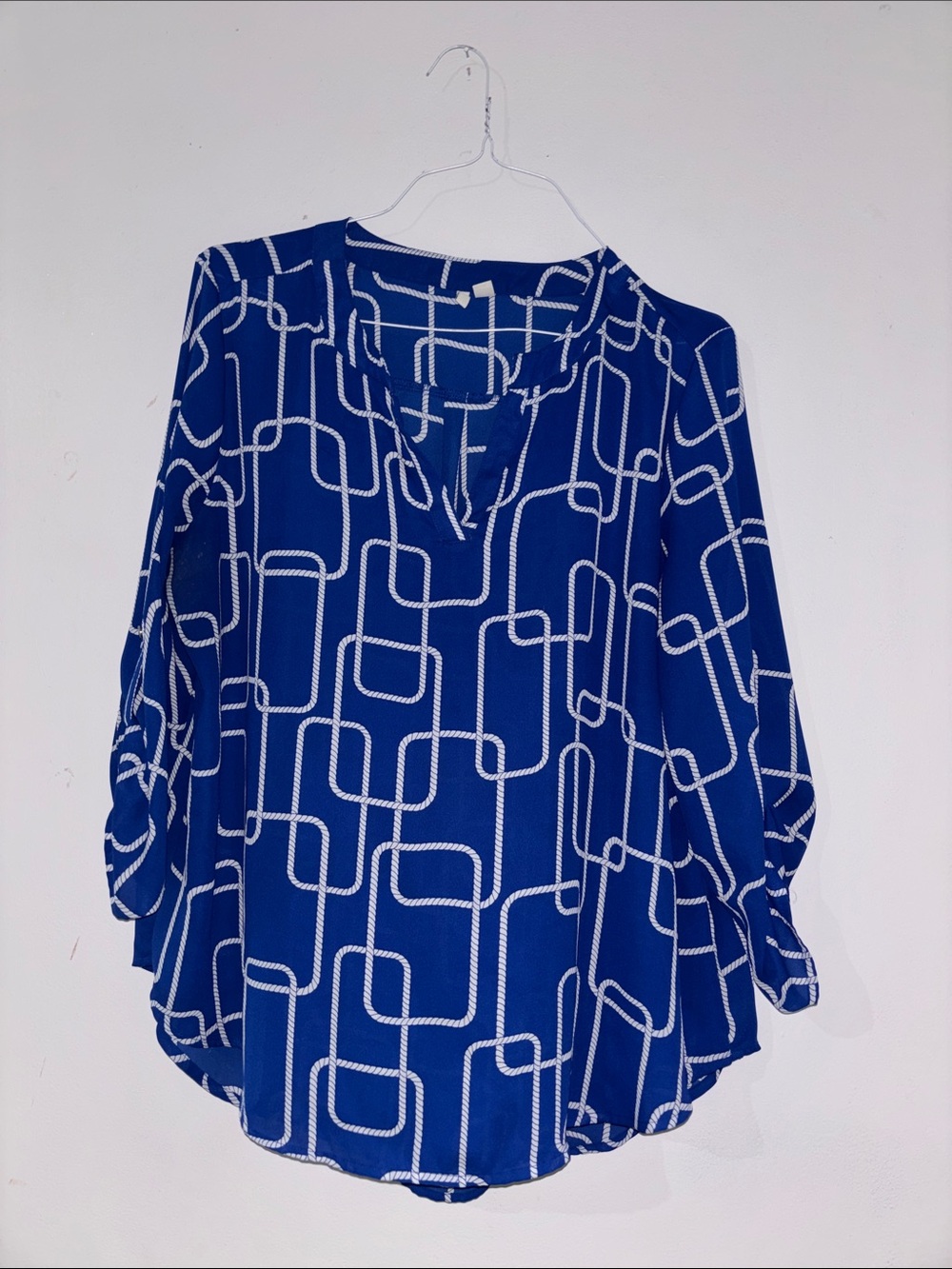 Navy Blue Geometric V-Neck Women's Blouse